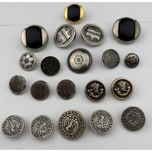 Vintage Silver & Black Button Lot – Crest, Textured, Enamel, and Etched Mix, 20